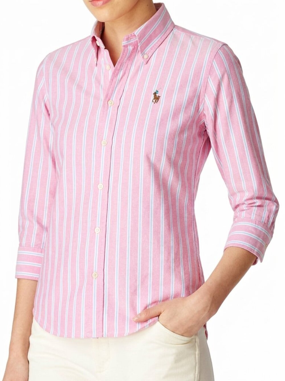 Vintage Ralph Lauren Blue Label Slim Fit Oxford Shirt Blue Pink Striped Womens 6